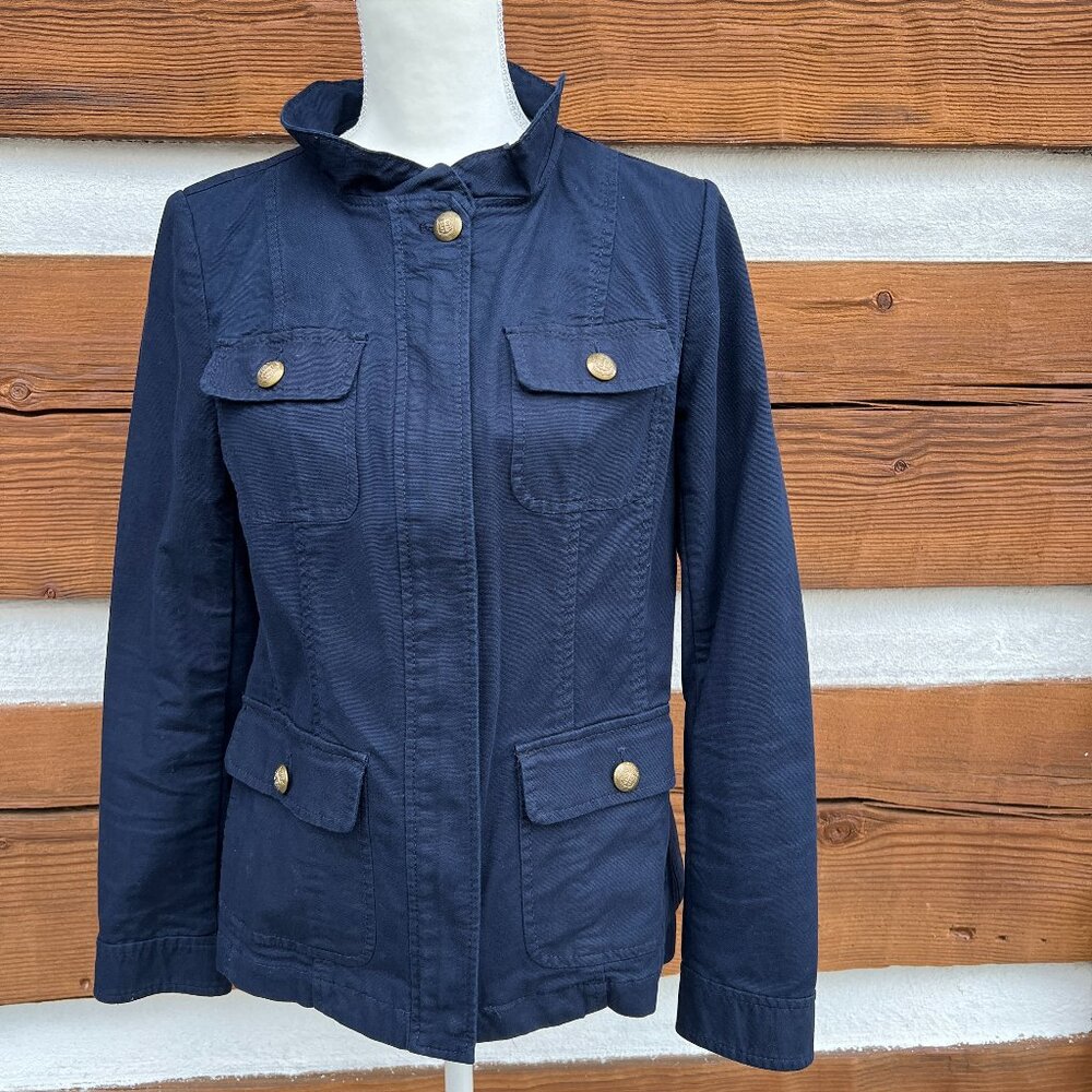 TALBOTS Jacket. Navy Blue, Ruffles, Gold Buttons, Military, Nautical. Sz